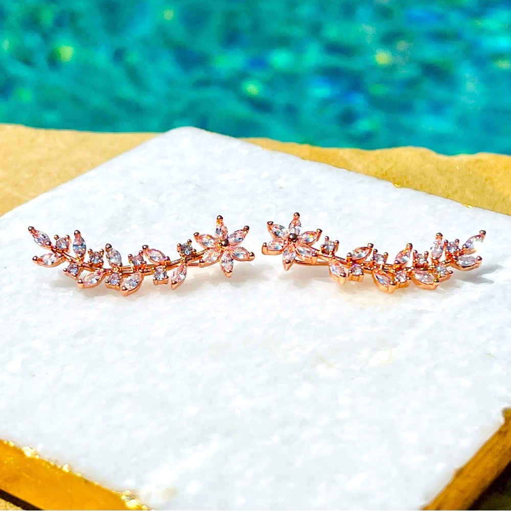 14k Rose Gold Plated CZ Stud Earrings Ear Crawlers Cuff Earrings Ear Climbers